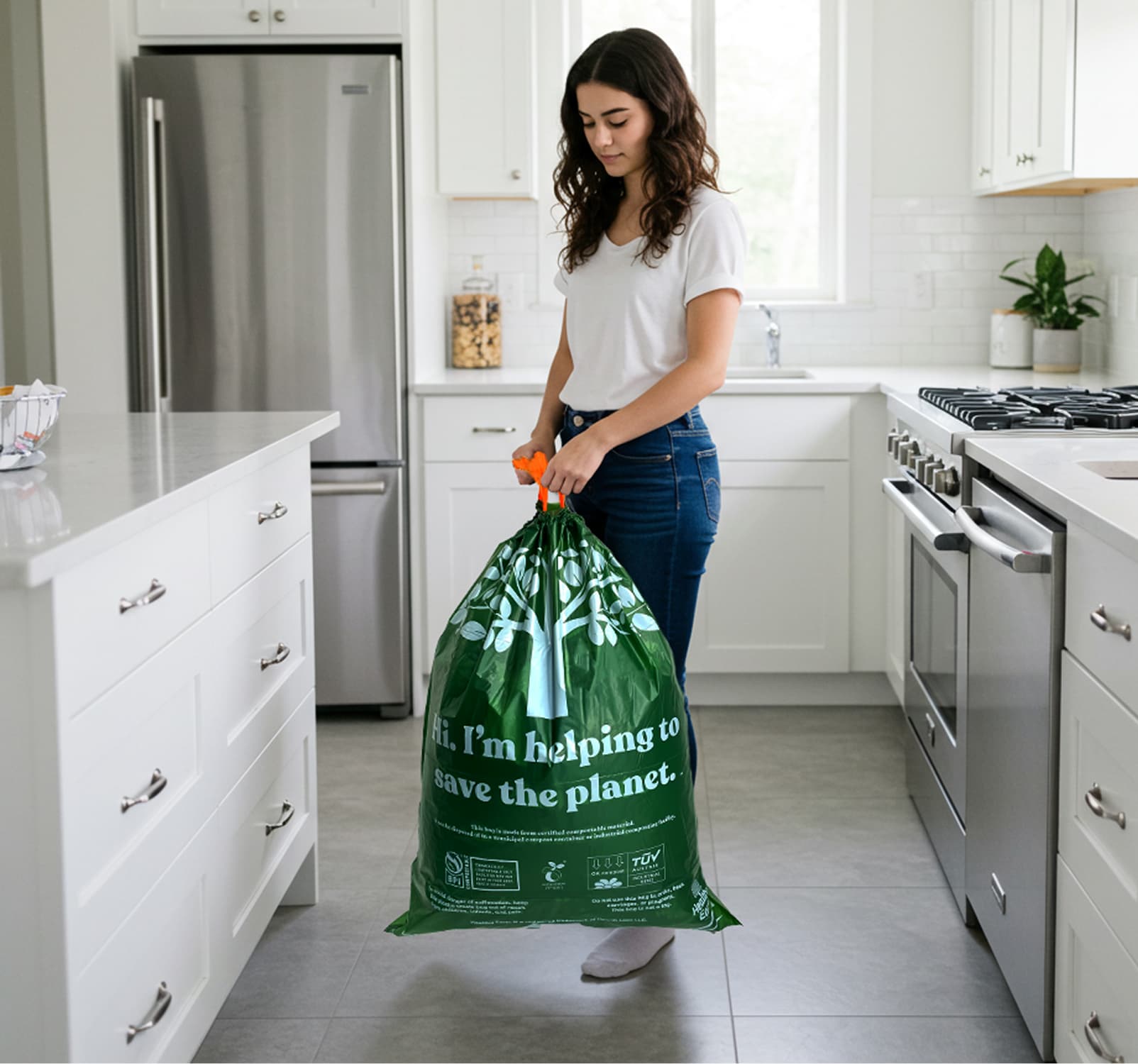 Woman holding healthy earth bag in the kitchen